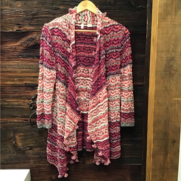 Moth Womens Crochet Cardigan Open Front Sweater Size M Fringe Stripes Poms Boho - Picture 3 of 15